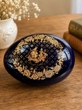 Vintage Limoges Castel Egg  Porcelain Pill Box Trinket Box Cobalt Blue 22K Gold
